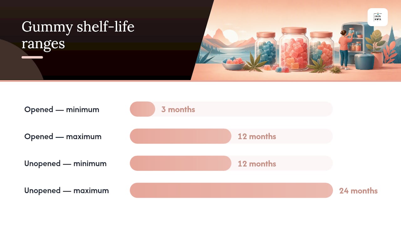 Timeline comparing unopened and opened gummy shelf life