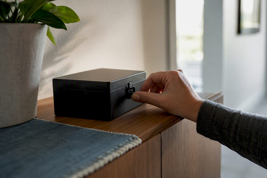 Adult securing a child-resistant storage box