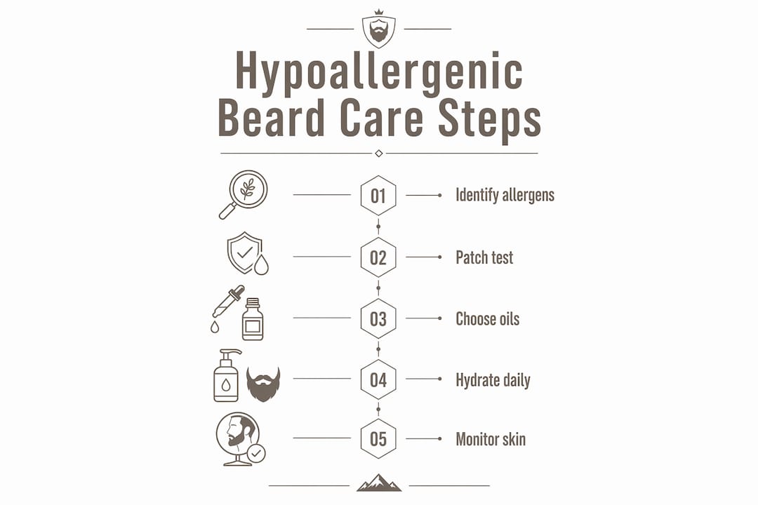 Infographic illustrating five steps of hypoallergenic beard care routine