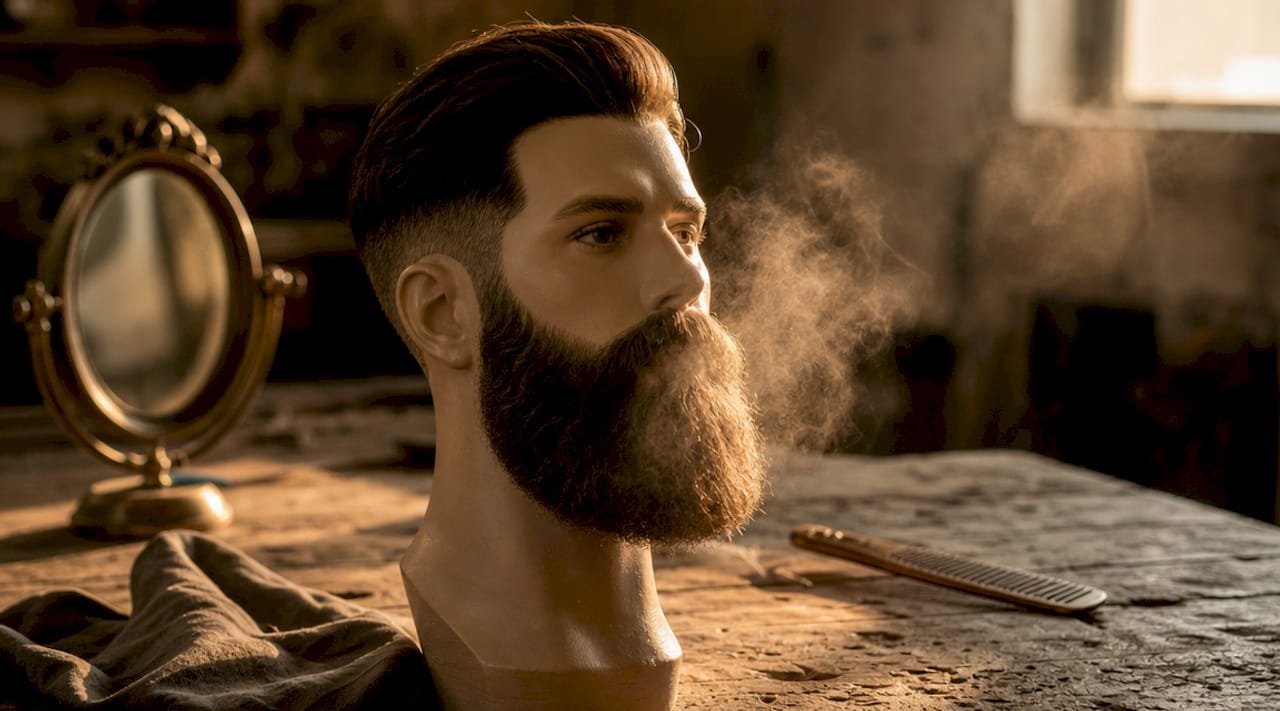 Close-up of beard trapping warm air on mannequin