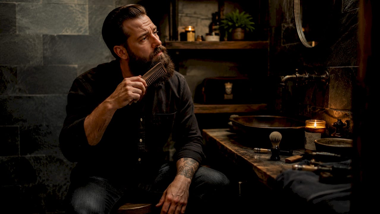 Hands combing dense beard with wooden comb