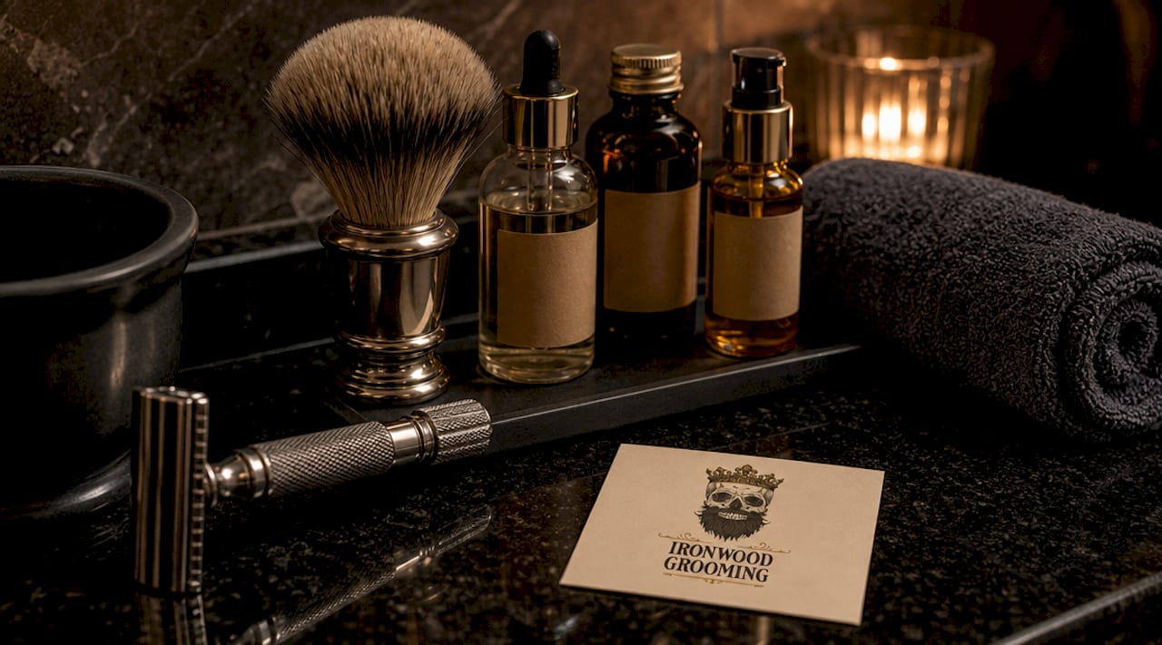 Close-up of artisanal men's grooming tools on tray