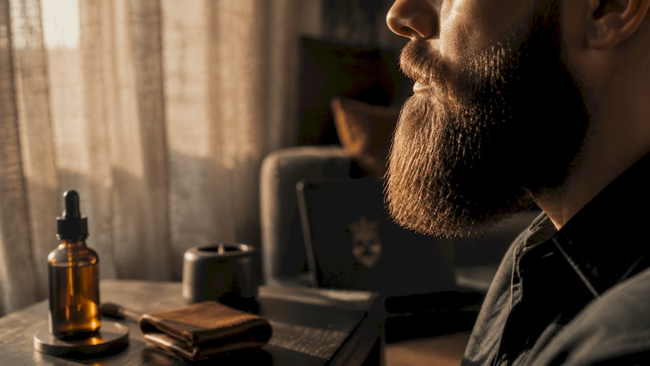 Close-up of soft beard hair with jojoba oil sheen