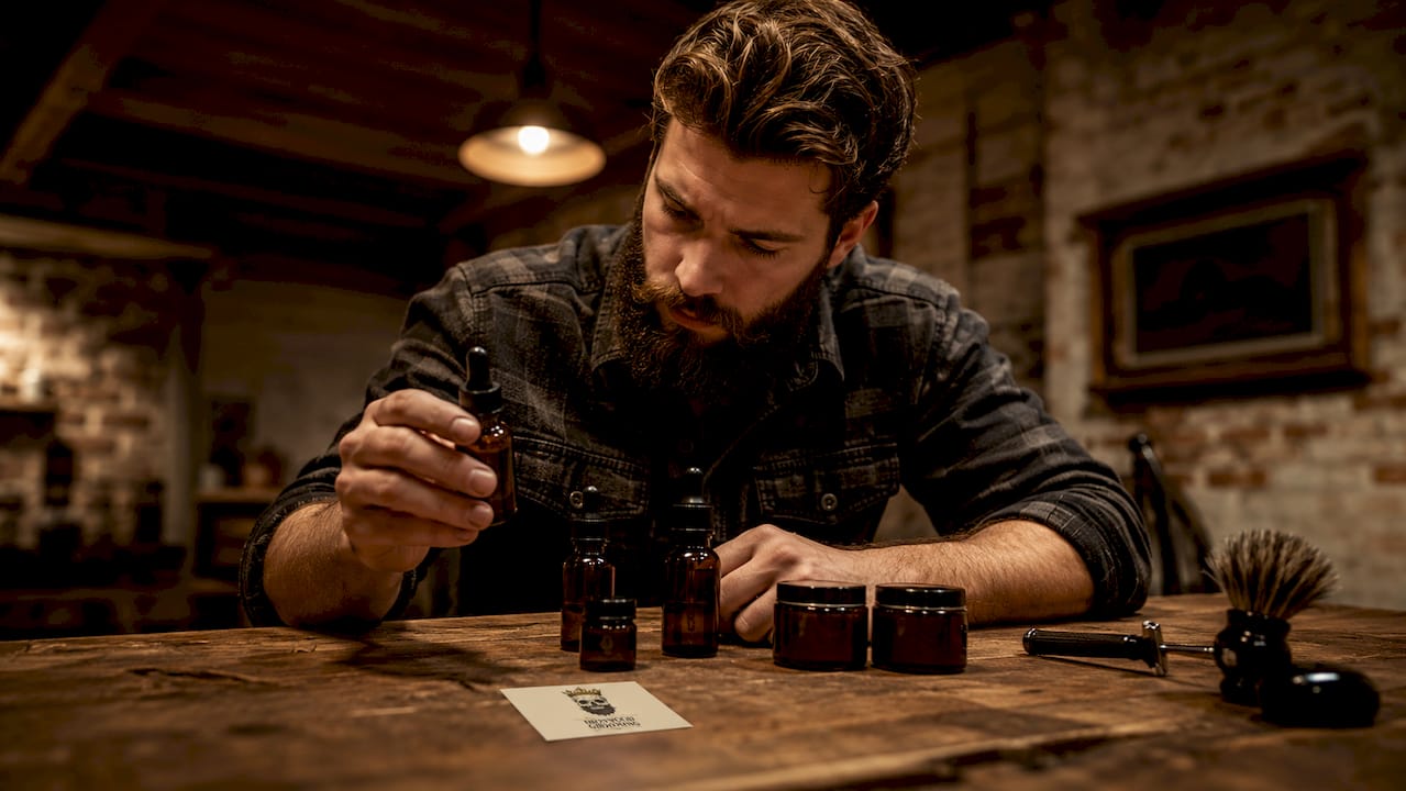 Man choosing beard products in kitchen setting