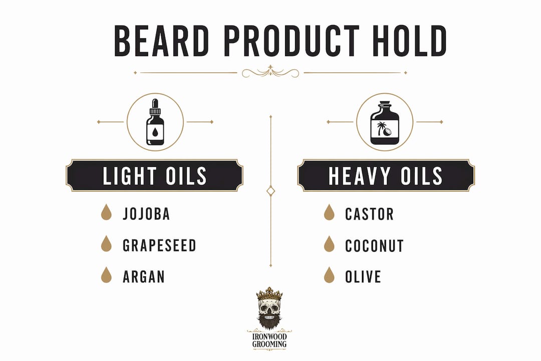 Infographic comparing light and heavy beard oils for hold