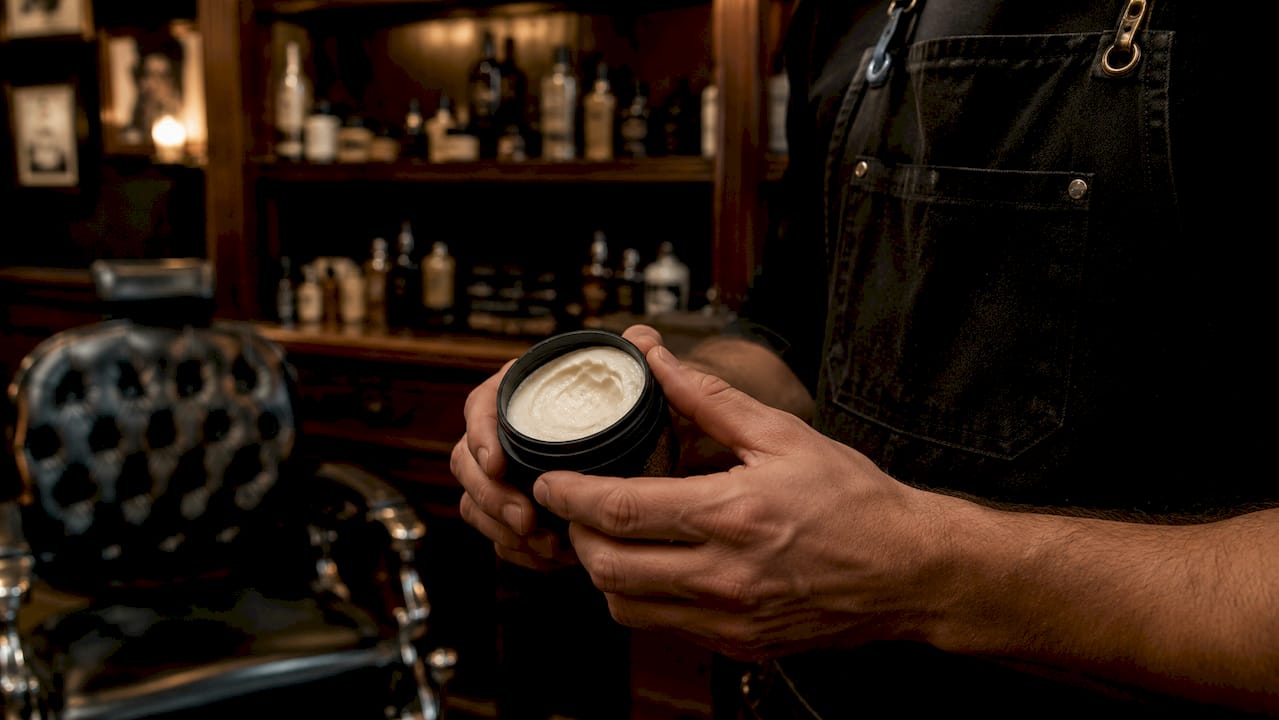 Barber holding softened beard balm tin indoors