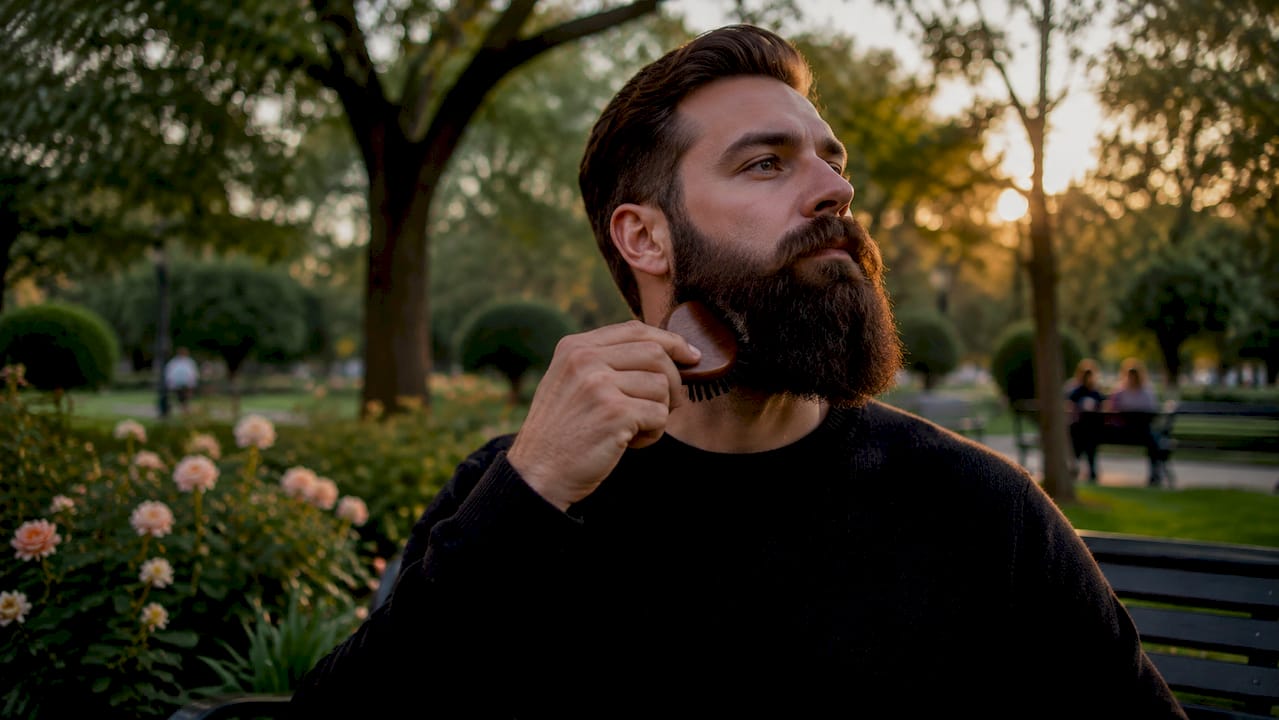 Close-up side view brushing coarse beard hair