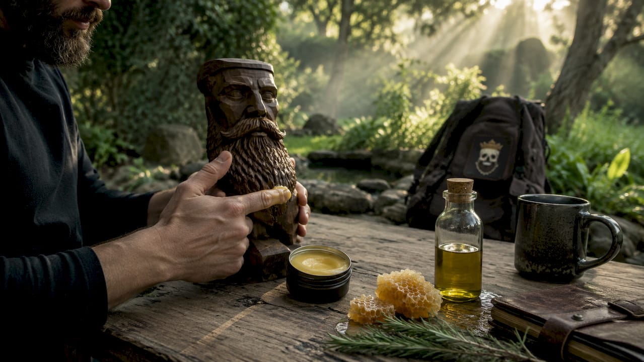 Overhead view of beeswax beard wax application