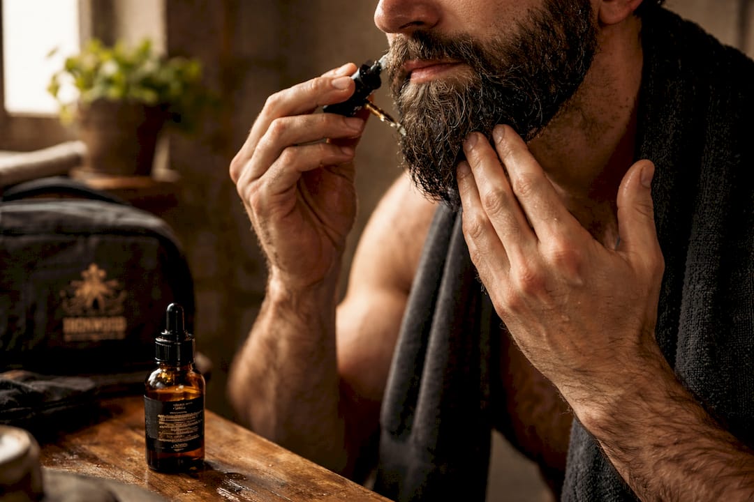 Close-up hands applying beard oil post-shower