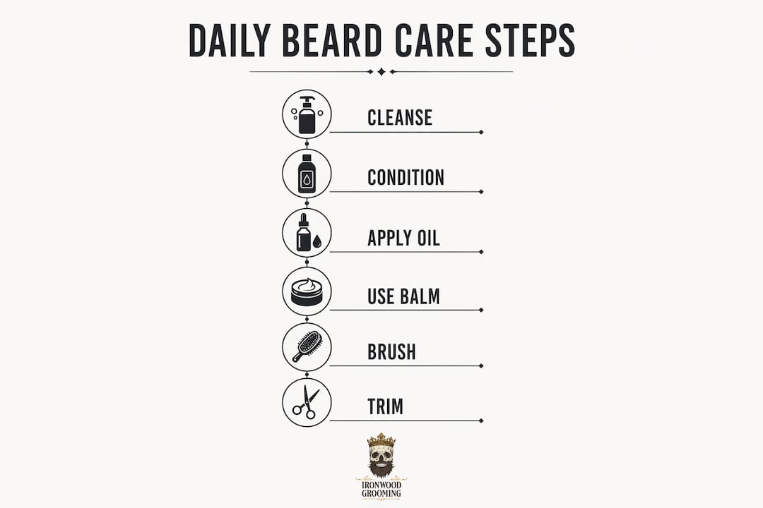 Infographic illustrating daily coarse beard care steps