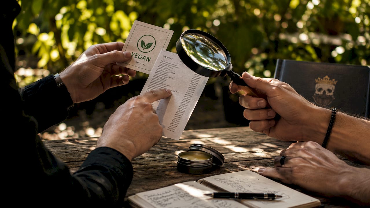 Hands analyzing vegan certification and ingredients list