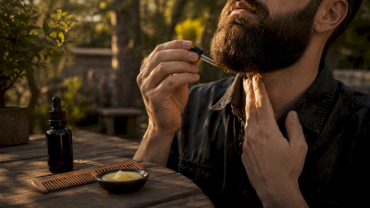 Hands applying beard oil under dry skin