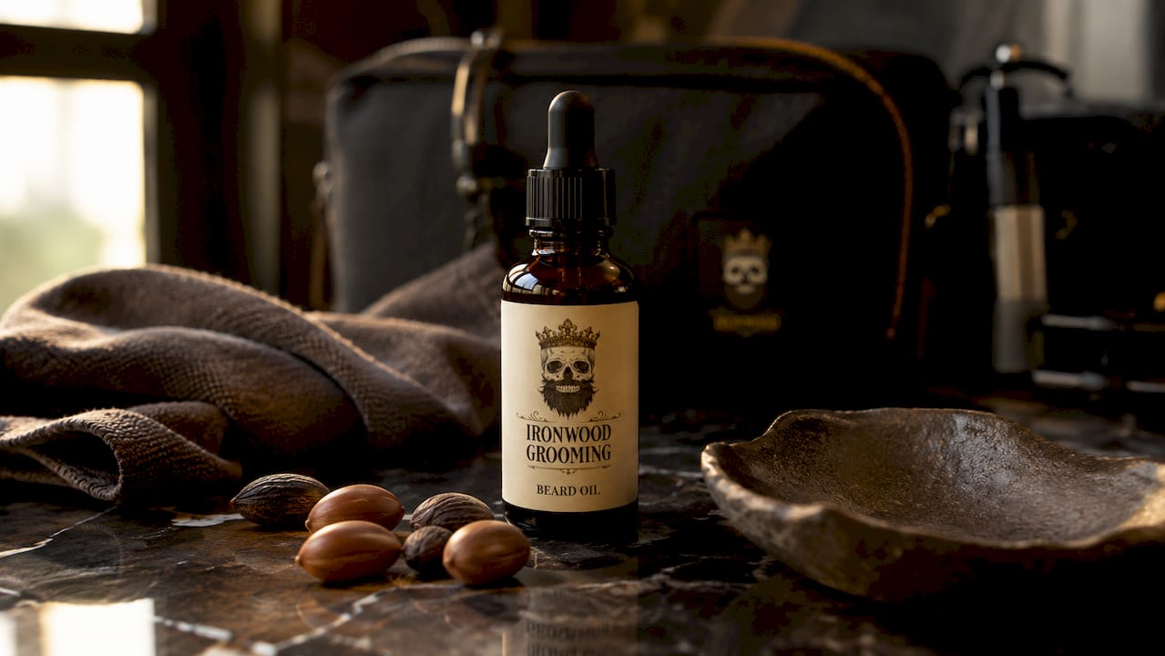 Minimalist beard oil bottle with natural ingredients
