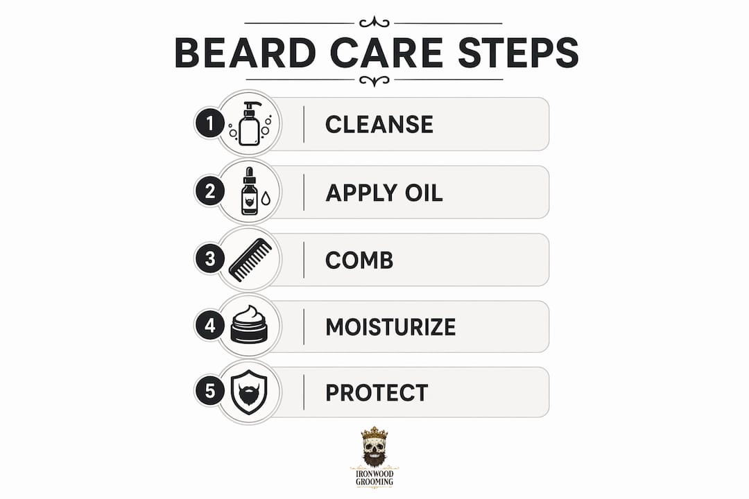 Step-by-step sensitive skin beard care routine infographic