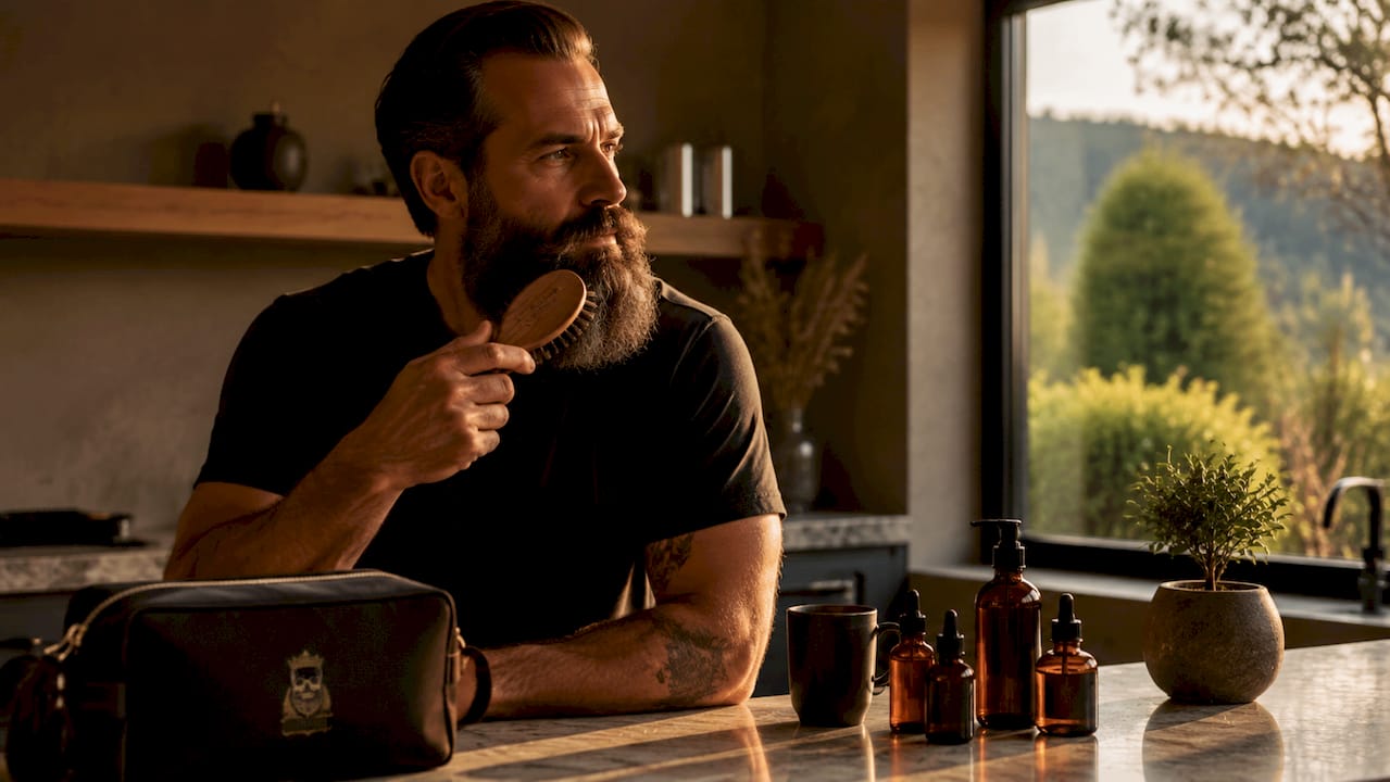 Man brushing dense beard indoors