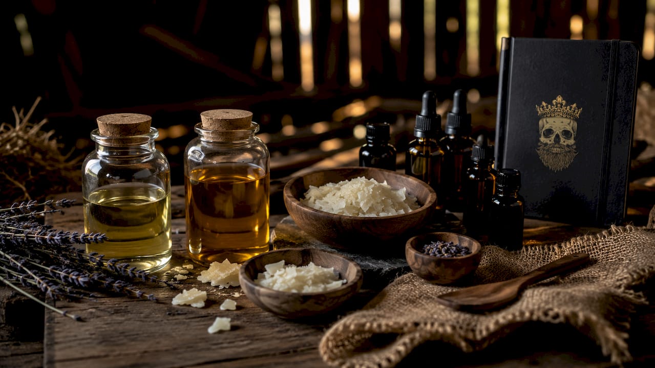 Natural ingredients for vegan beard balm on table