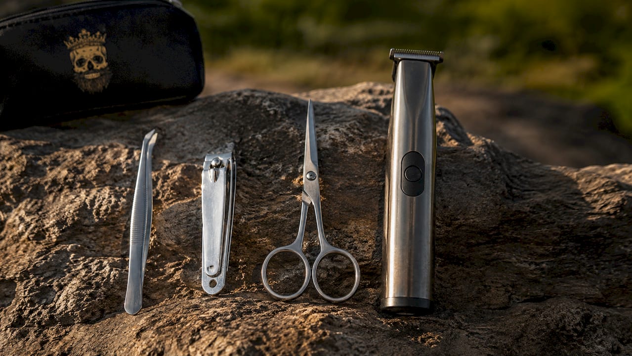 Essential men's grooming tools on wooden surface