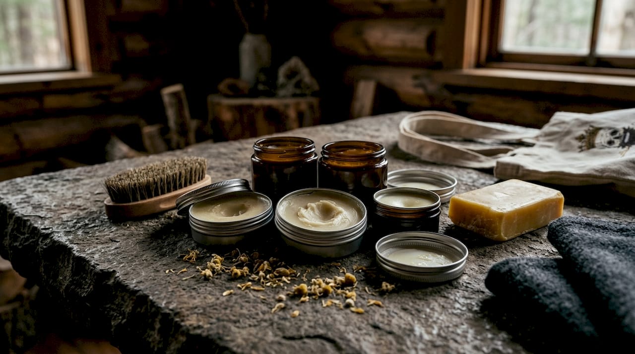 Variety of weather resistant beard balm containers and natural ingredients