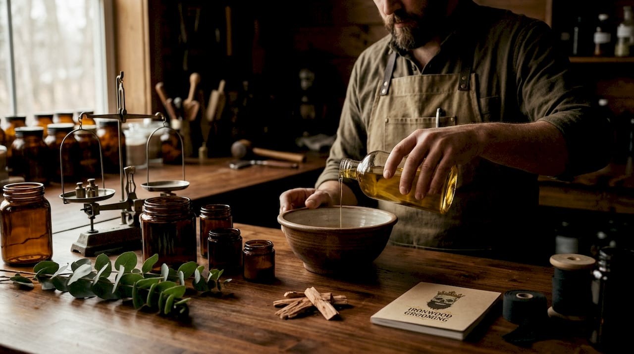 Hands mixing plant-based beard oil formula in lab