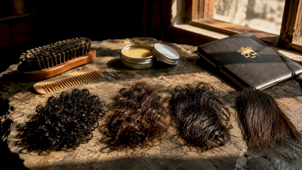 Close-up of four beard hair texture samples and grooming tools