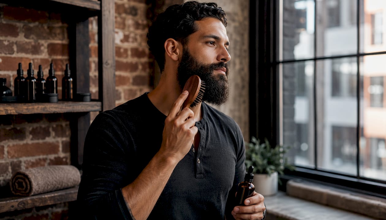 Man brushing beard with oil in home