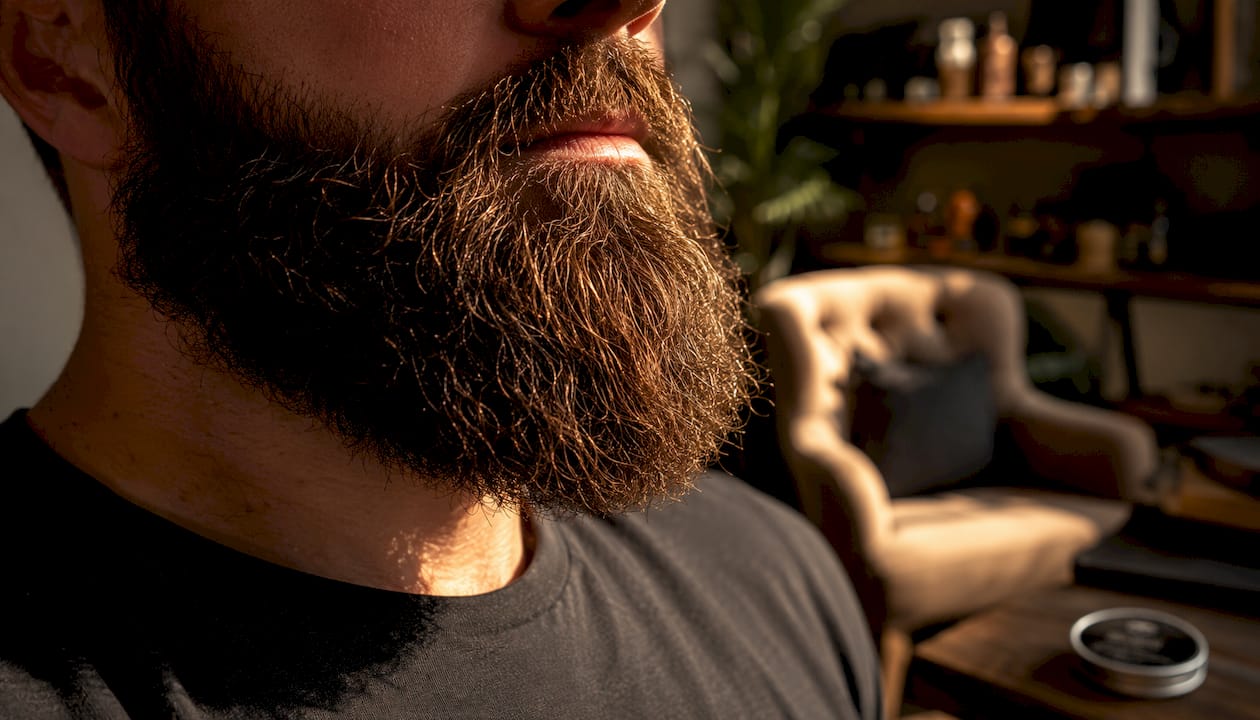 Close-up of hydrated beard hair and skin