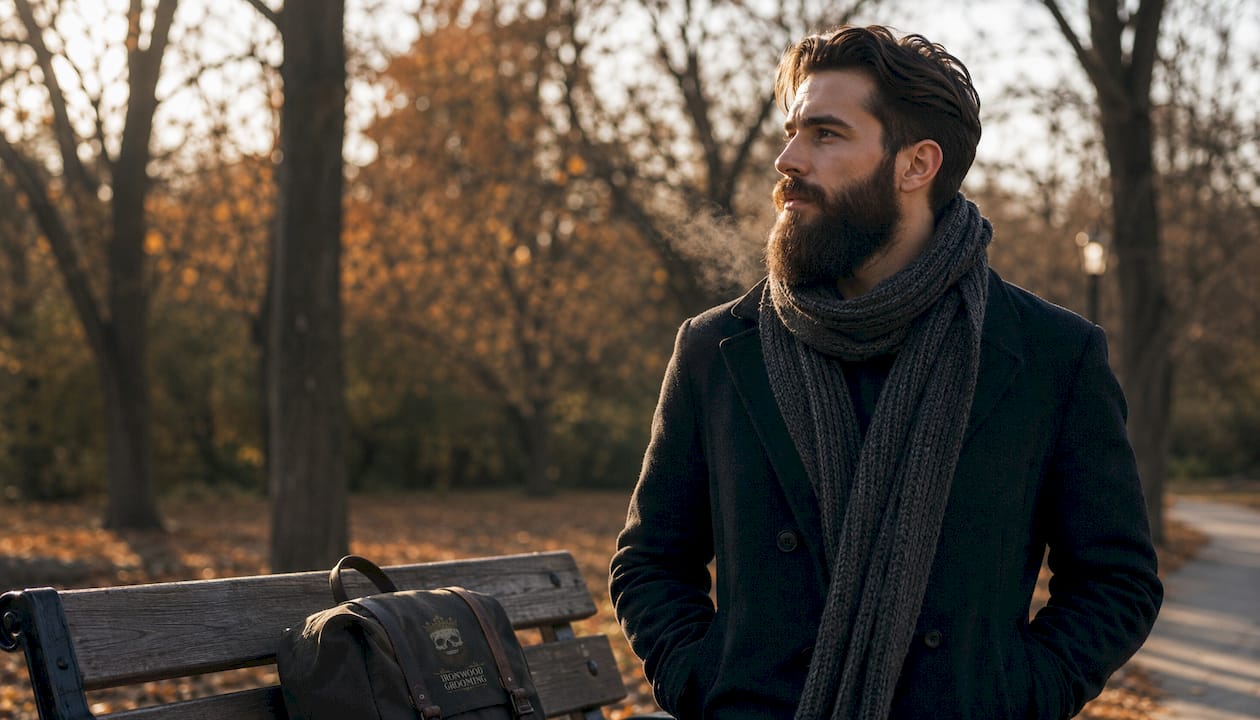 Bearded man outdoors in cold weather
