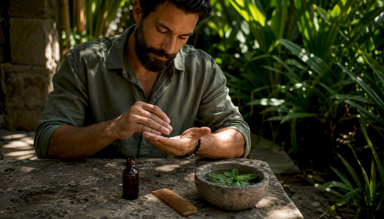 Man warming beard oil between palms at outdoor table
