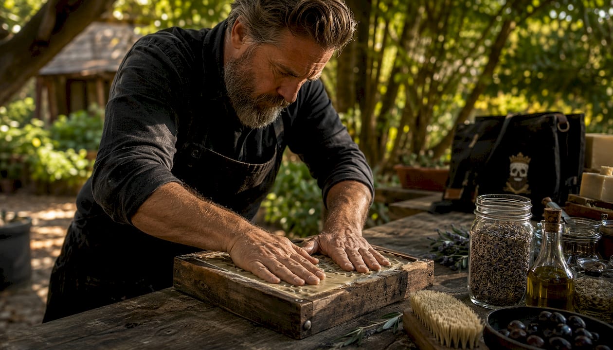 Artisan soap maker molding small batch soap