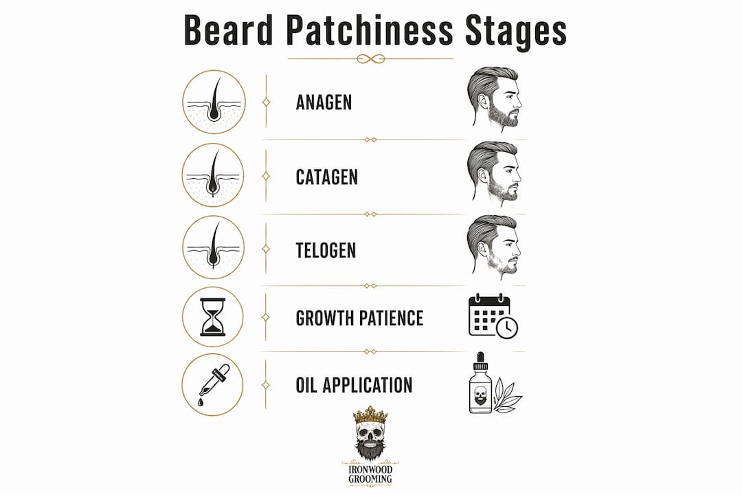 Infographic outlining beard growth stages and care steps