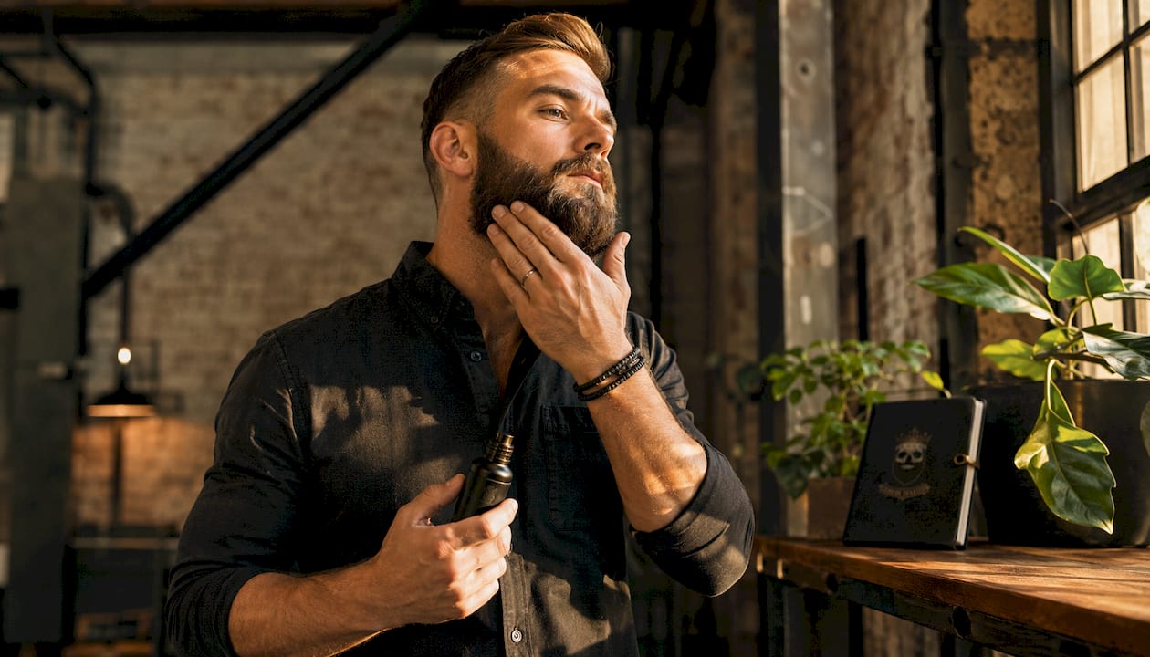 Close-up of hands applying beard oil to beard