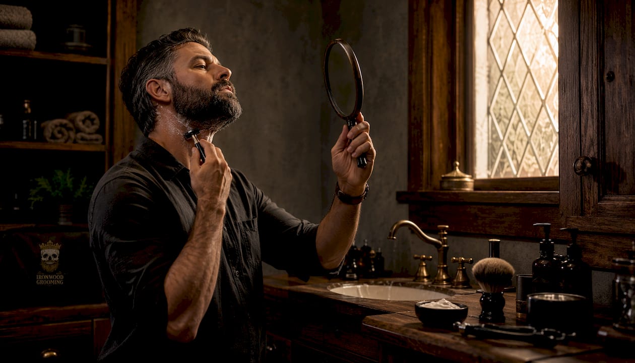 Man shaving beard precisely with safety razor in bathroom