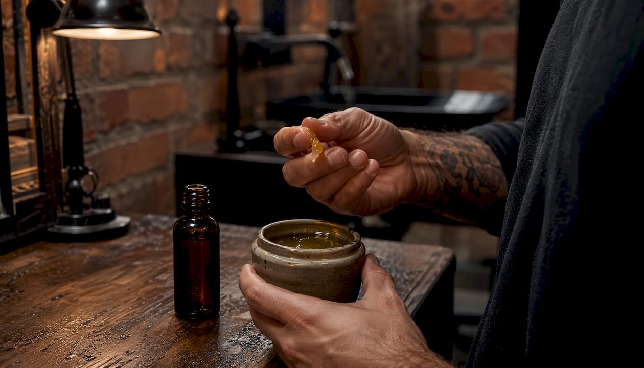 Hands holding coconut oil and beard oil jar overhead