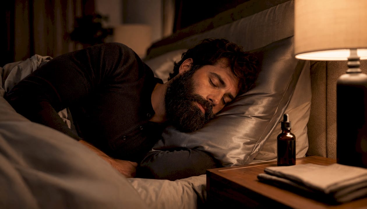 Man with beard resting on silk pillowcase