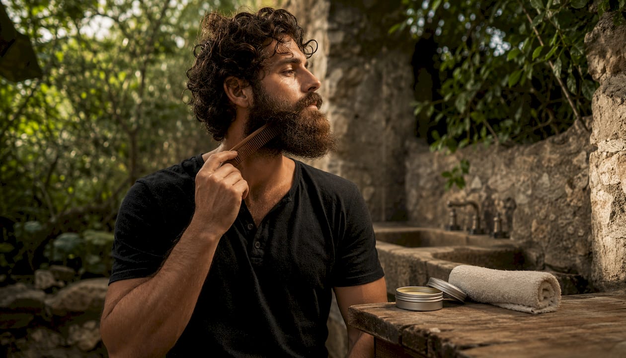 Close-up of curly beard being brushed