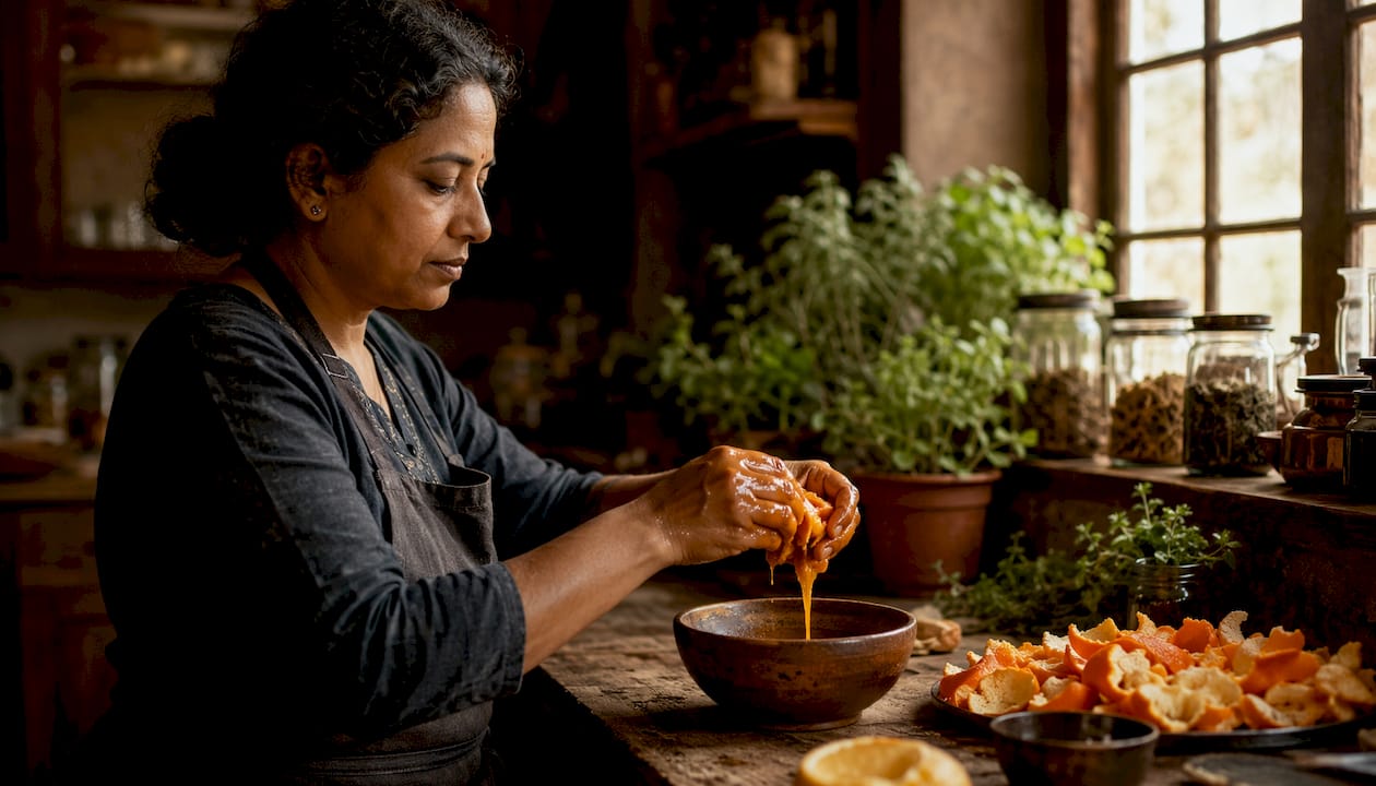 Hands extracting orange wax from orange peels