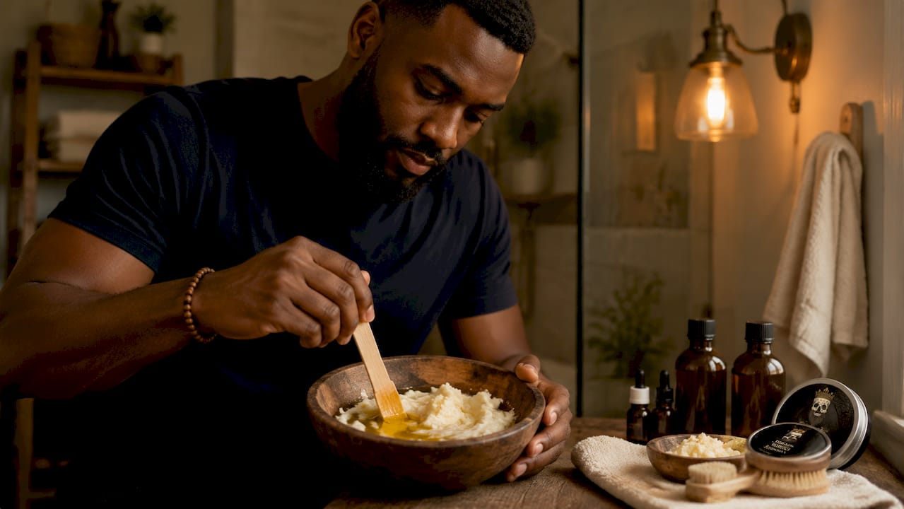 Man mixing shea butter and jojoba oil in bowl