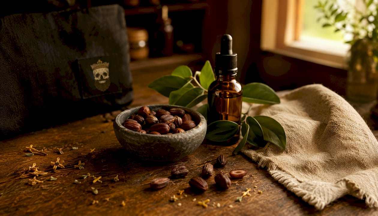 Natural grooming ingredients displayed on table