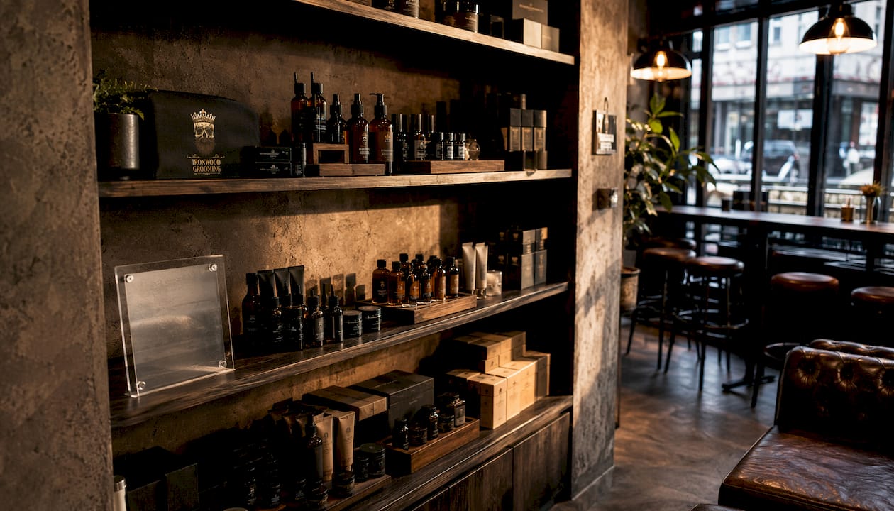 Premium grooming products with ingredient tags on shelf