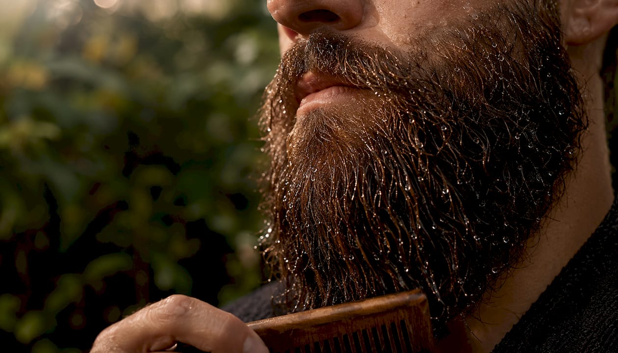 Close-up of heavy wet beard strands with comb
