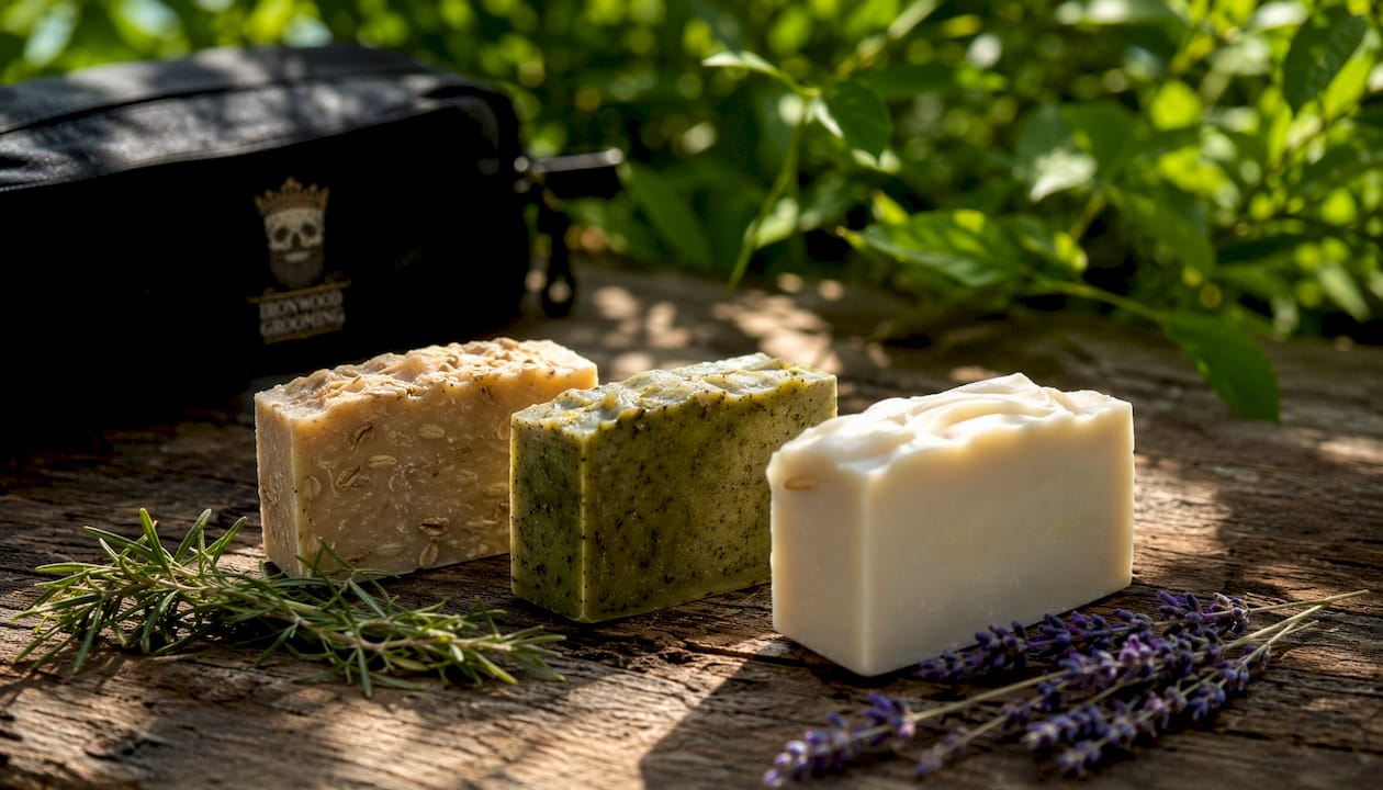 Close-up of artisan vegan soap bars with herbs