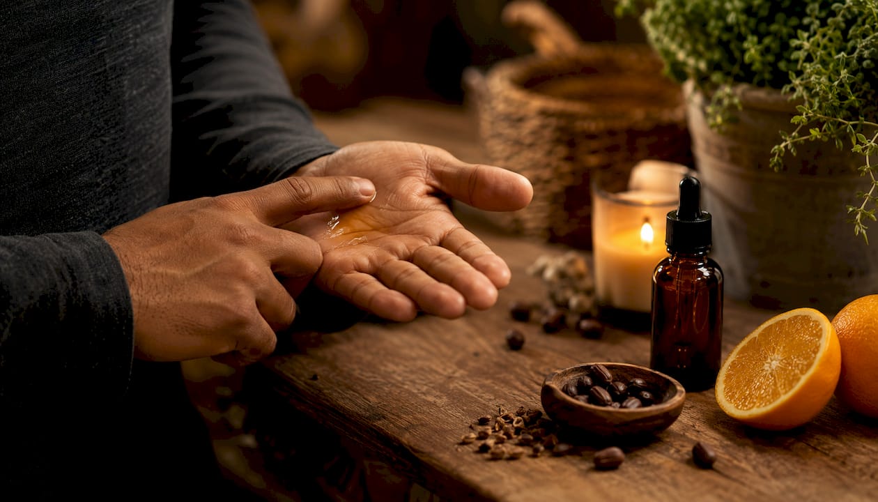 Hands preparing lightweight beard oil