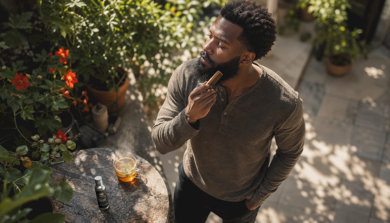 Man grooming beard in living room