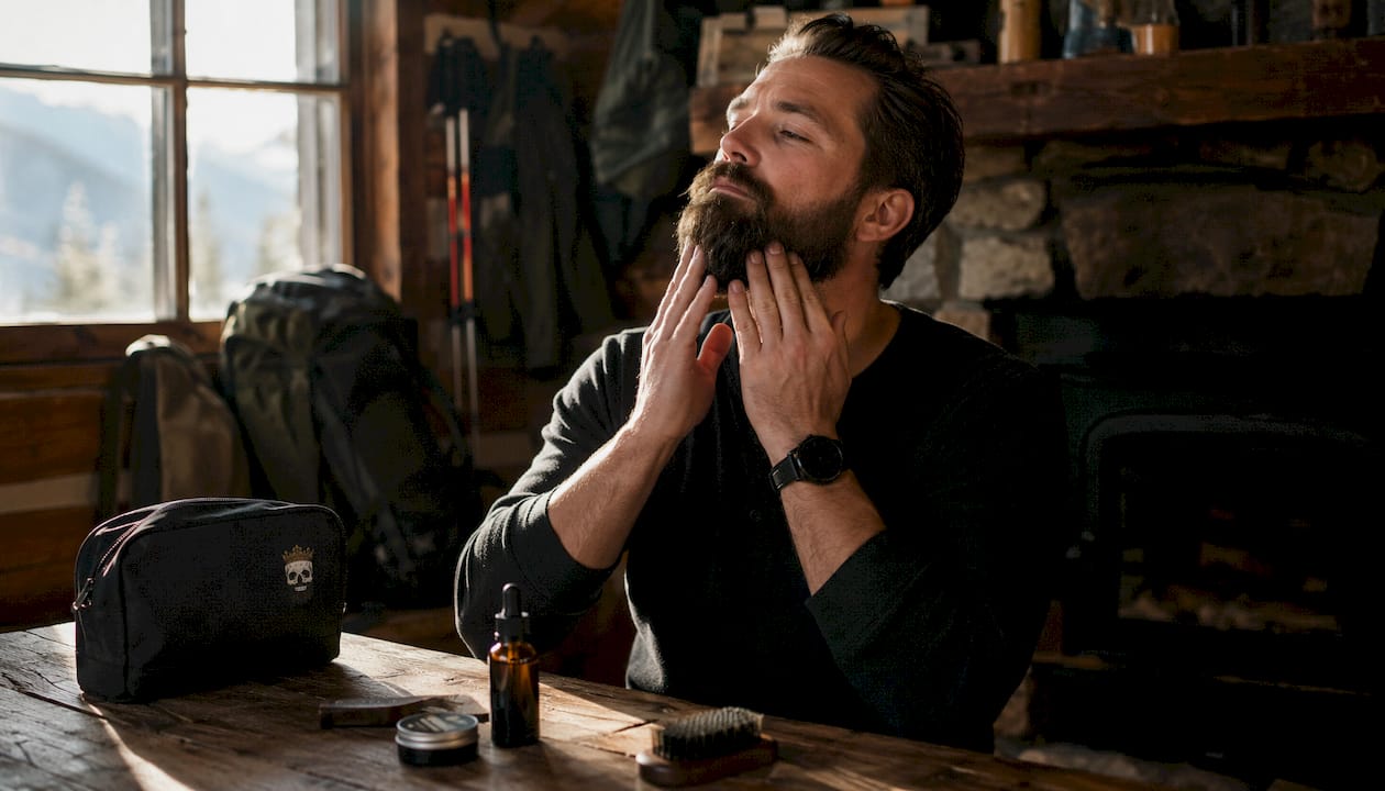 Close-up hands applying beard oil at mountain camp