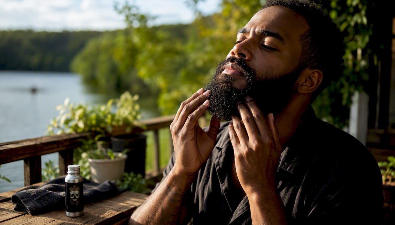 Young man applying beard oil outdoors on bench