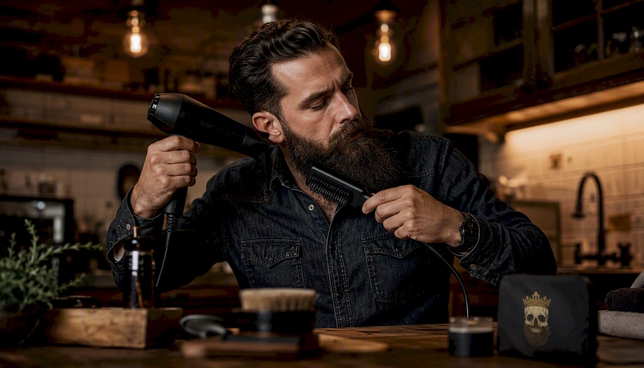 Man blow drying and straightening beard