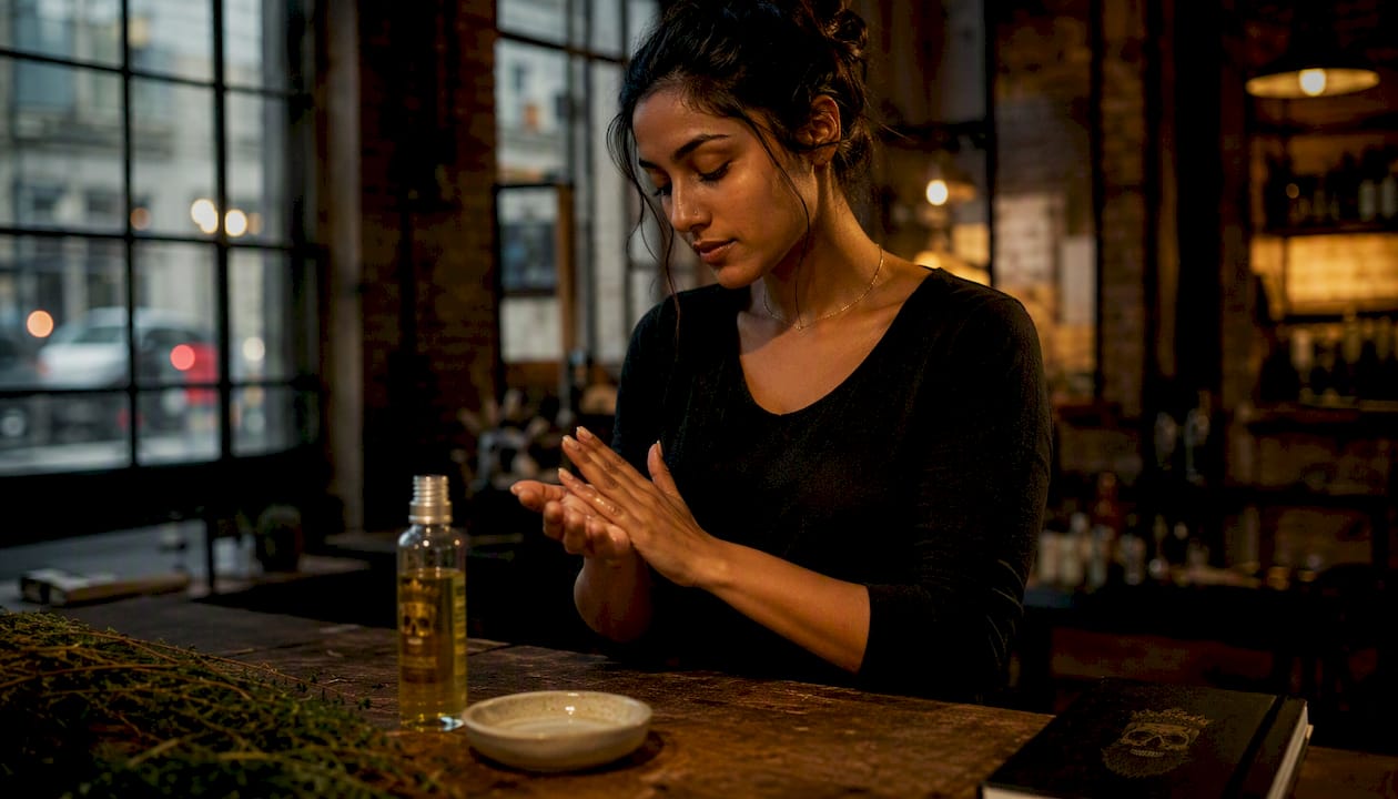 Woman massaging grapeseed oil into hands in kitchen