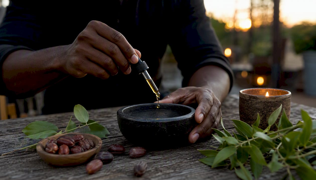 Hands pouring jojoba oil into bowl with natural elements