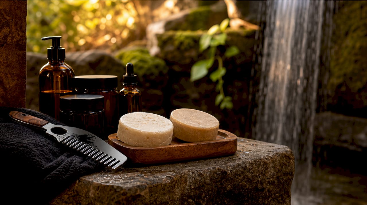 Solid shampoo and conditioner bars on shelf