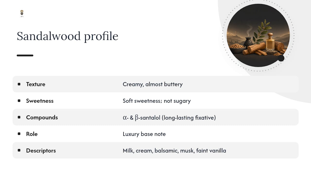Sandalwood: creamy, milky, and quietly sweet — overview diagram